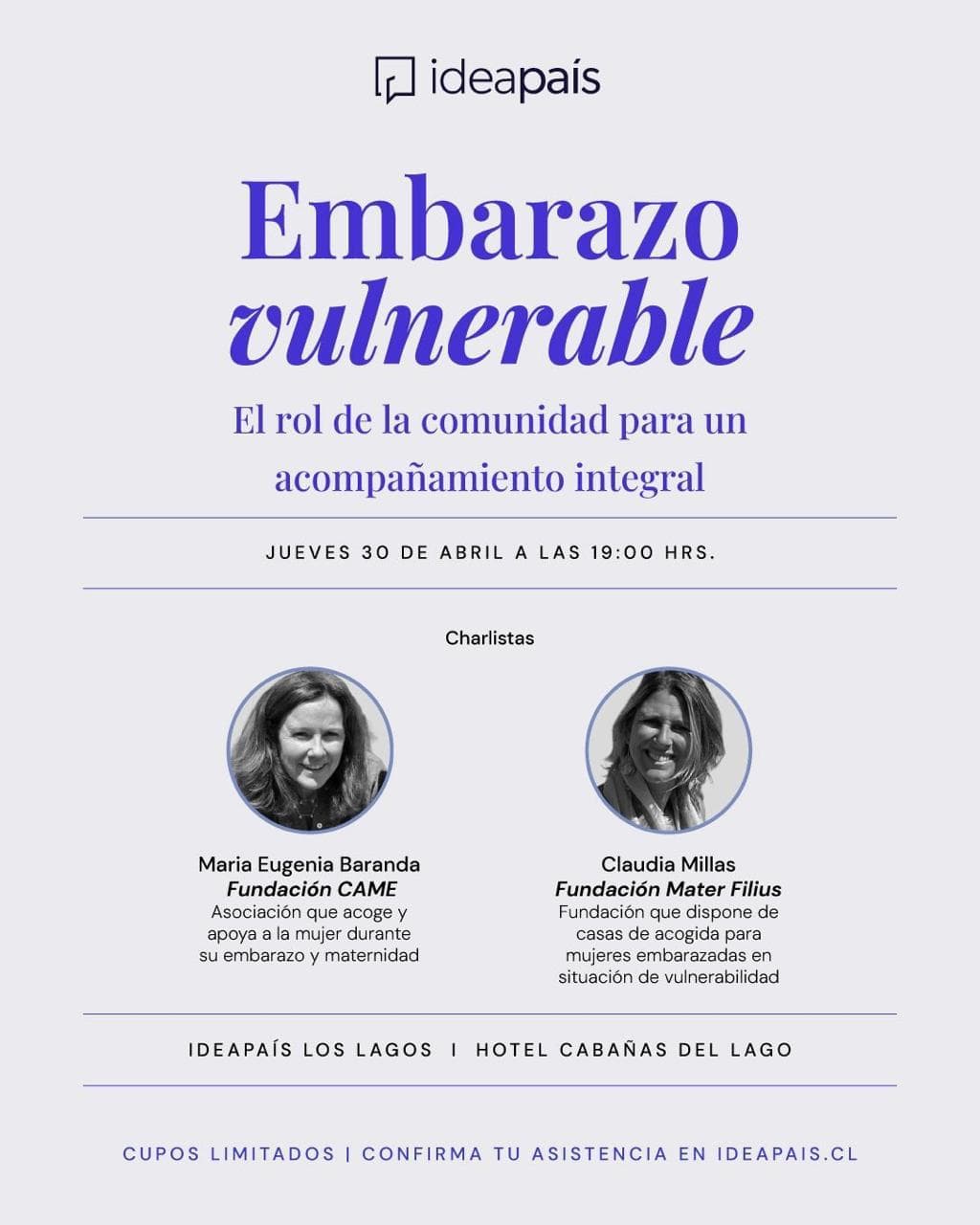 Afiche del conversatorio «Embarazo vulnerable» de IdeaPaís, en el que participó Fundación Mater Filius