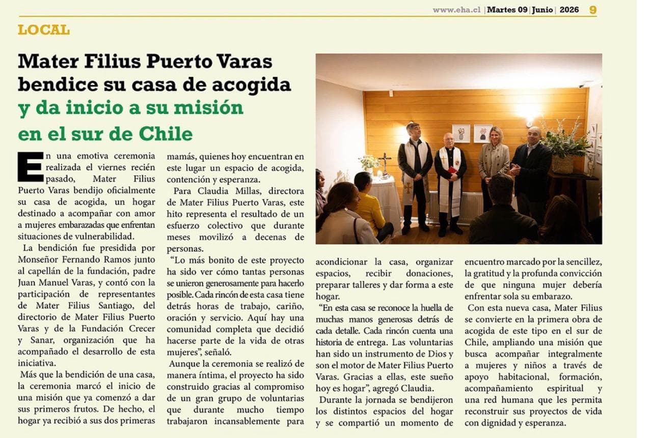 Recorte del diario El Heraldo Austral sobre la bendición de la casa de acogida Mater Filius Puerto Varas